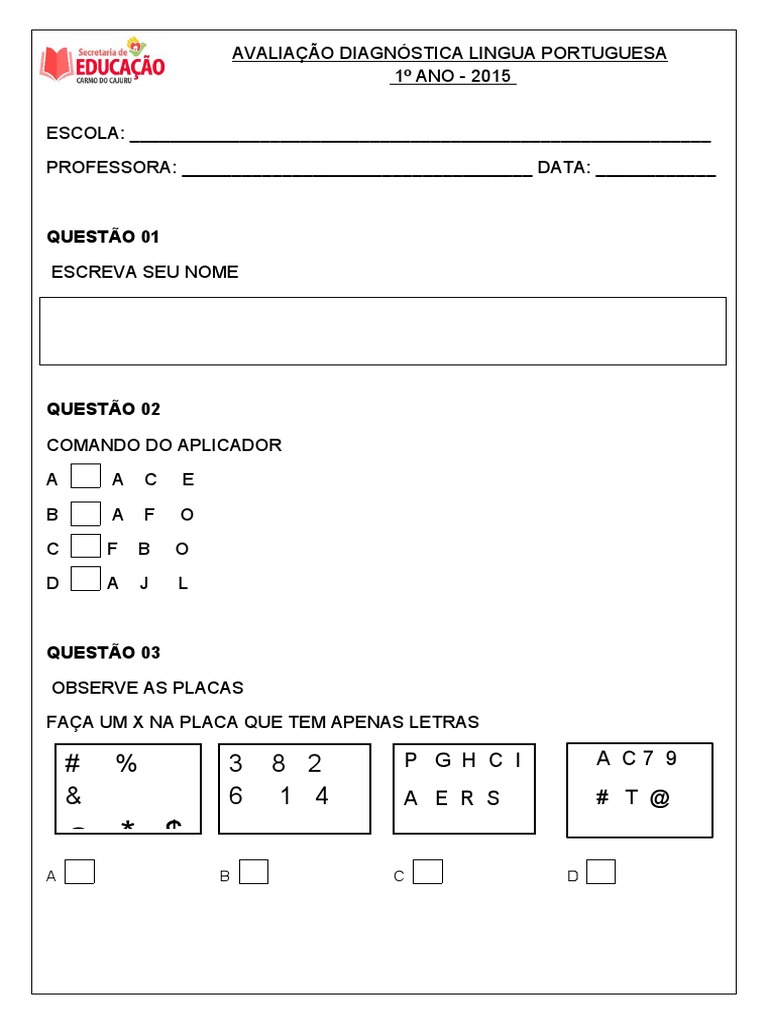 Avaliação 1° Ano LINGUA PORTUGUESA | PDF | Escrita | Sílaba