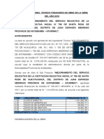 Informe Situacional Tecnico Financiero de Obra Al 20 de Mayo Del 2019