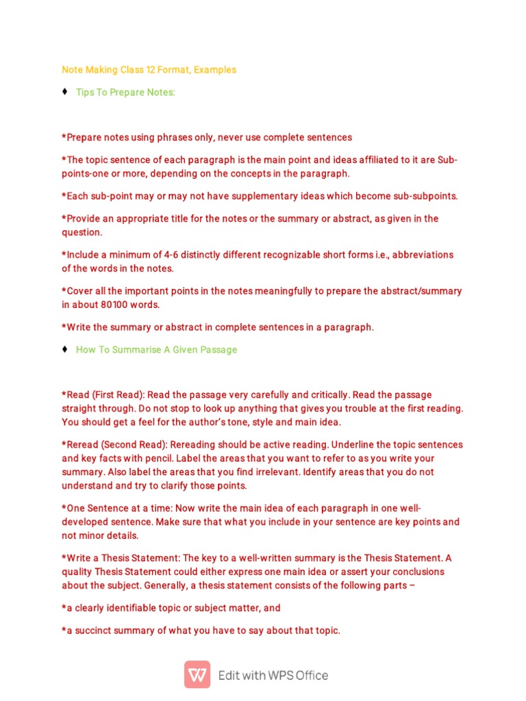 Note Making Format and Examples | PDF