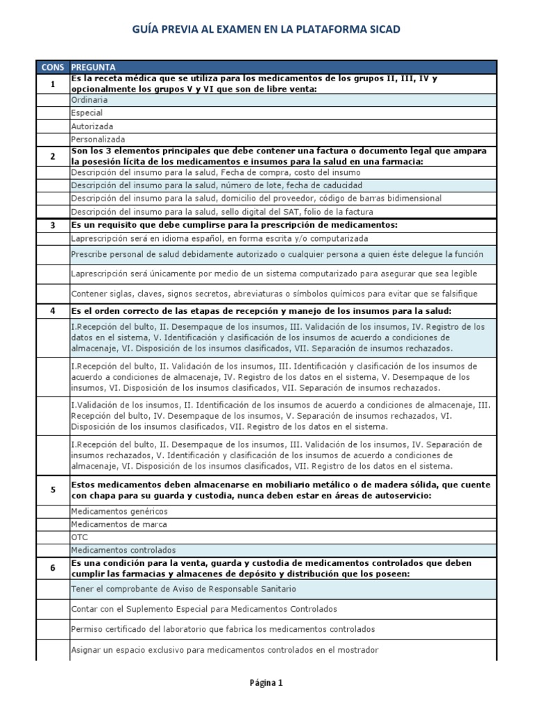 Guia Previa Al Examen Sicad PDF Farmacia Medicamentos con receta