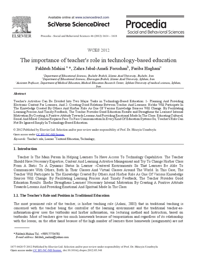 The Importance of Teacher's Role in Technology-Based Education | PDF ...