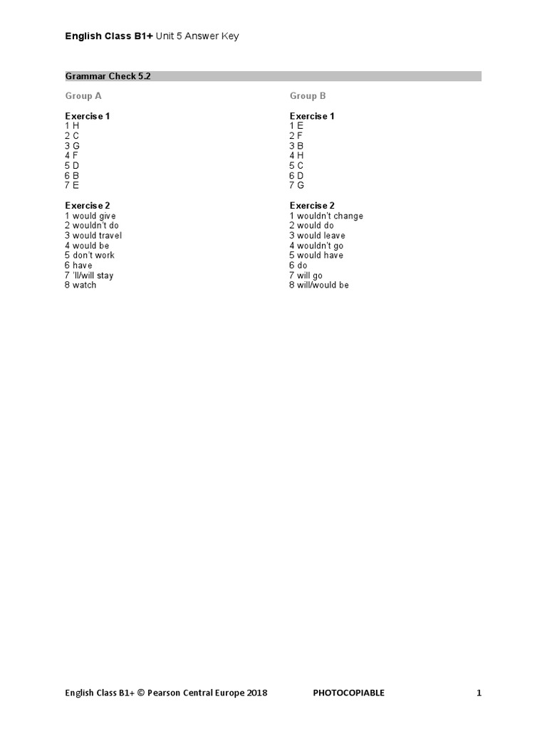 B1+ Unit 5 Answer Key | PDF