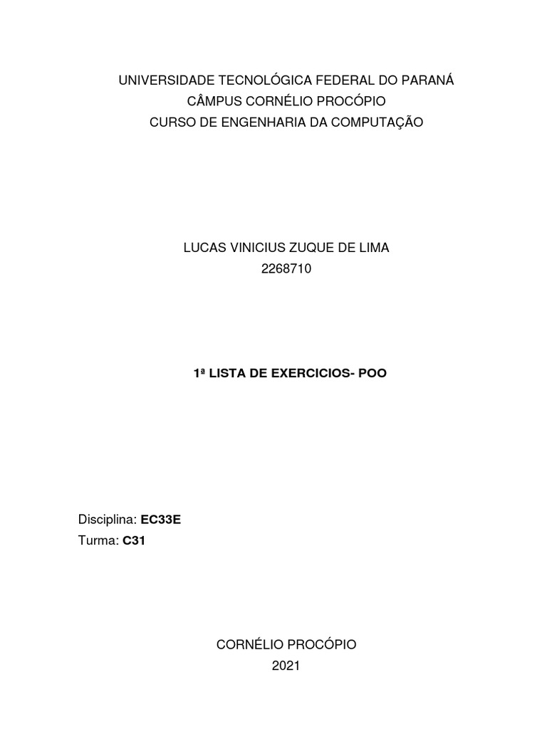 Exercícios de POO em Java - Lista 1 | PDF | Classe (programação de ...