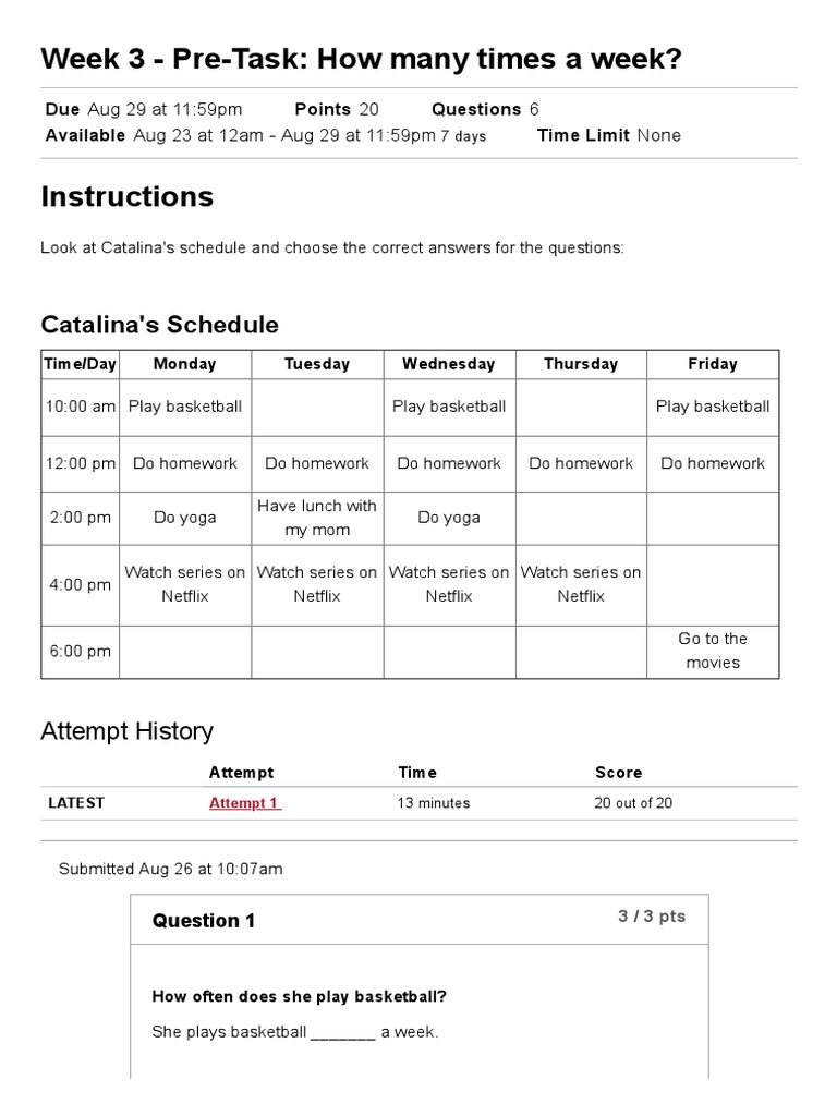 Catalina's Weekly Activity Schedule Quiz | PDF