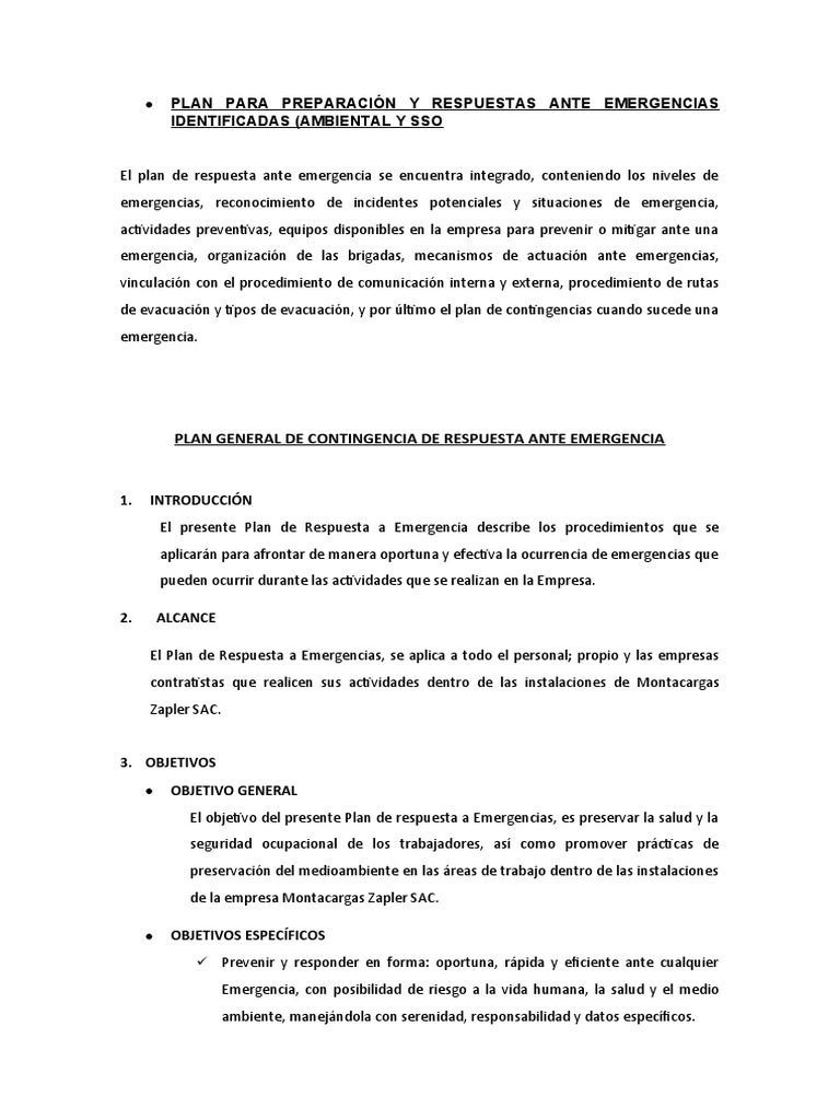 Plan General de Contingencia de Respuesta Ante Emergencia | PDF ...