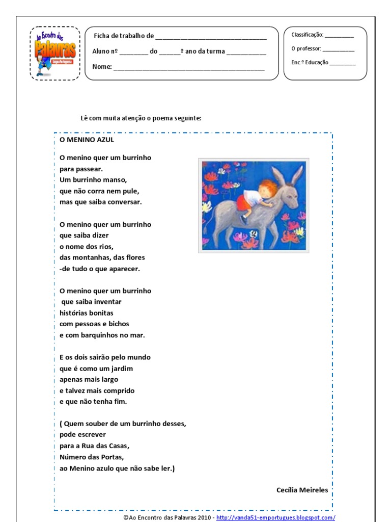 Poema "O Menino Azul" para 5º Ano | PDF