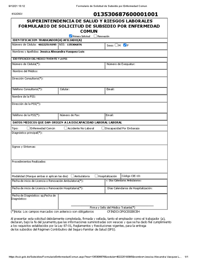 Formulario de Solicitud de Subsidio Por Enfermedad Común - Jessica