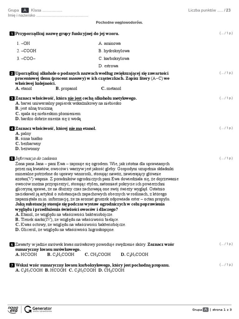 Sprawdzian Pochodne Węglowodorów Grupa A Pochodne Węglowodorów. | PDF