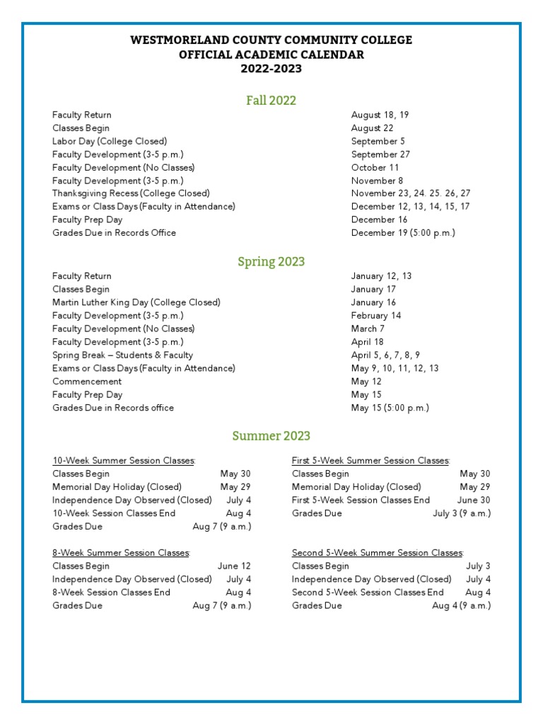 Westmoreland County Community College Official Academic Calendar 2022