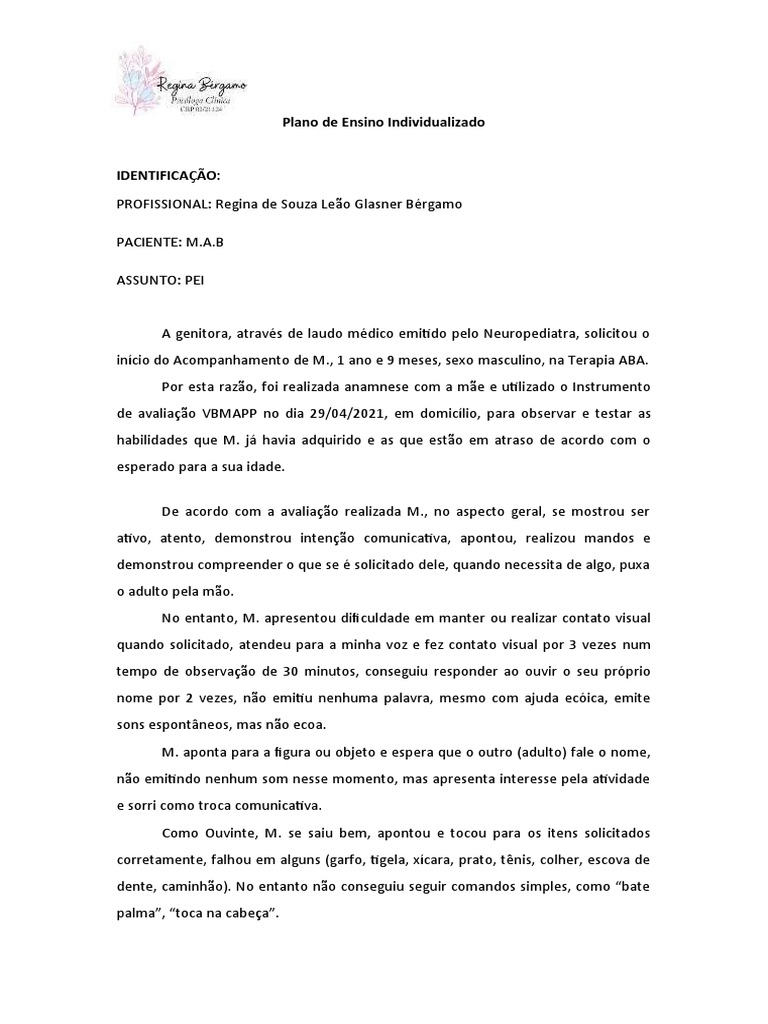 Plano de Ensino Individualizado Modelo | PDF