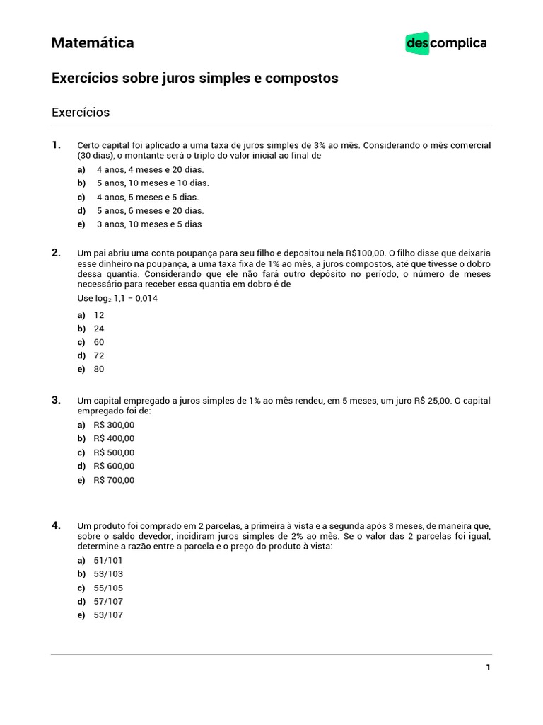 Exercíciosobjetivos-matemática-Exercícios Sobre Juros Simples e ...