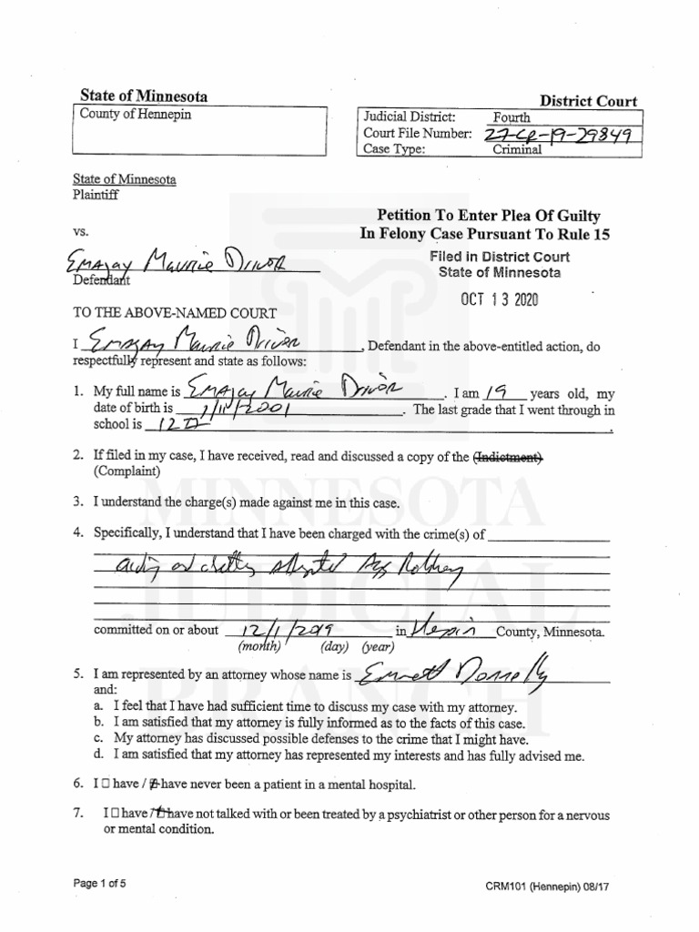 Minnesota Guilty Plea Petition Form | PDF | Plea | Prosecutor