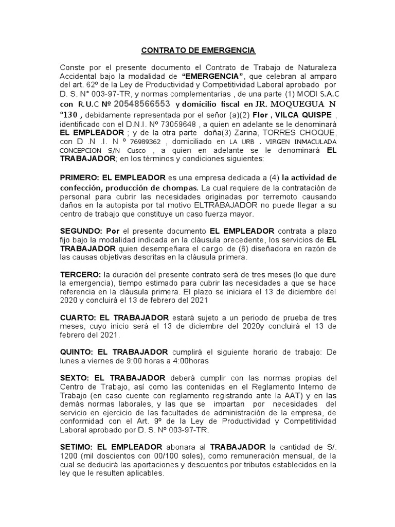 Contrato de Trabajo por Emergencia | PDF | Derecho laboral | Salario