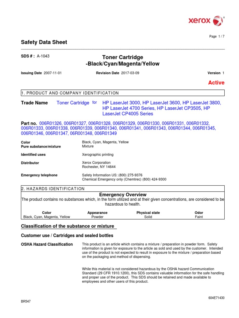 Safety Data Sheet Toner Cartridge Black/Cyan/Magenta/Yellow