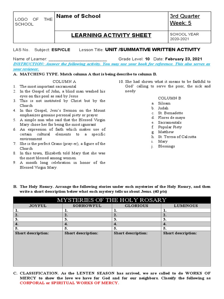 Grade 10 ESP/CLE Learning Activity Sheet | PDF | Mary, Mother Of Jesus ...