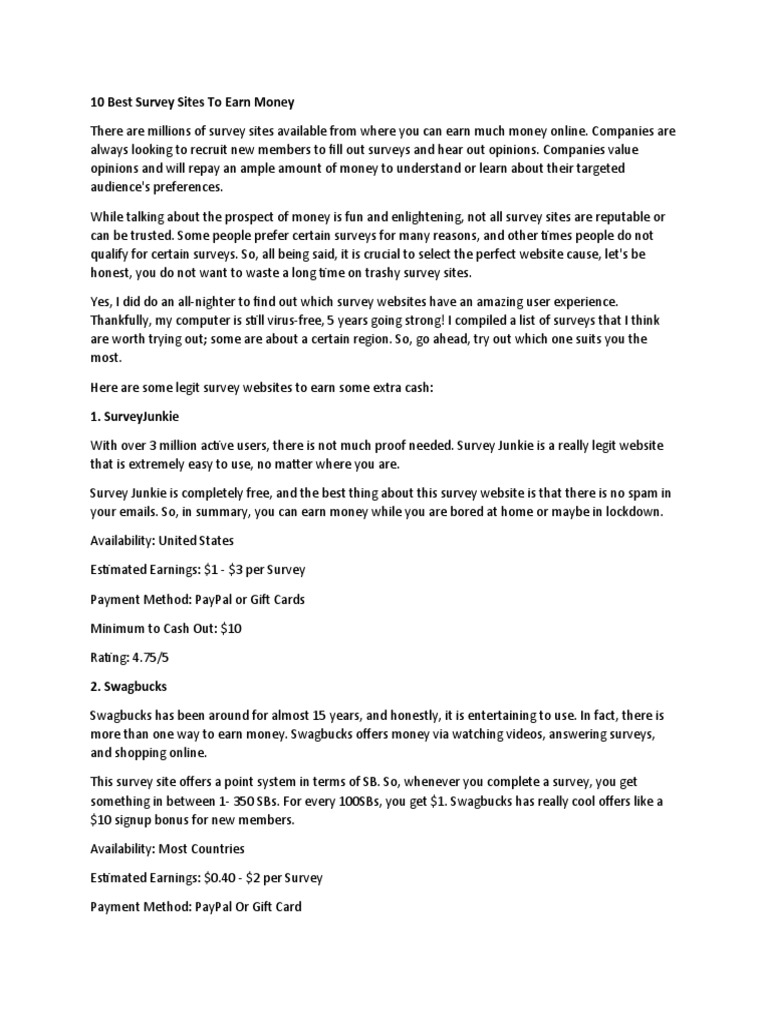 10 Best Survey Sites To Earn Money PDF Pay Pal Gift Card