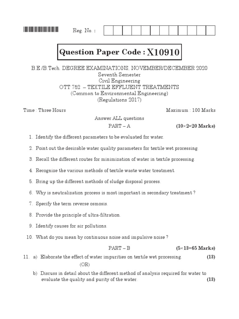 Question Paper Code Reg. No. PDF Sewage Treatment Wastewater