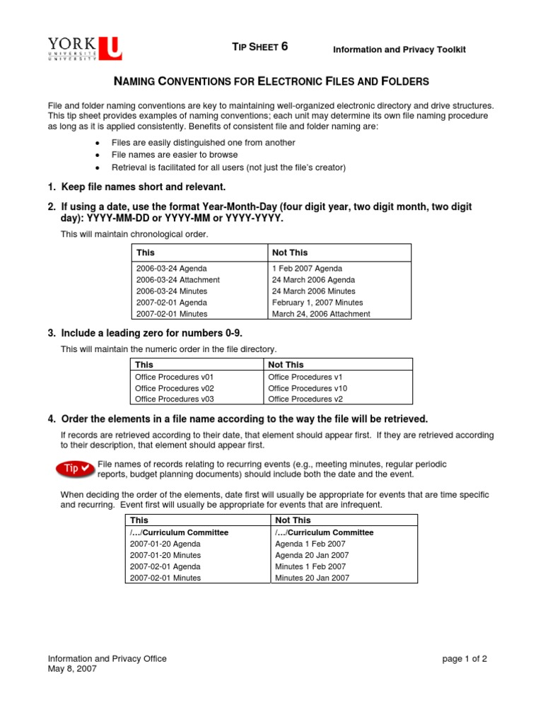 Naming Conventions for Electronic Files and Folders Directory