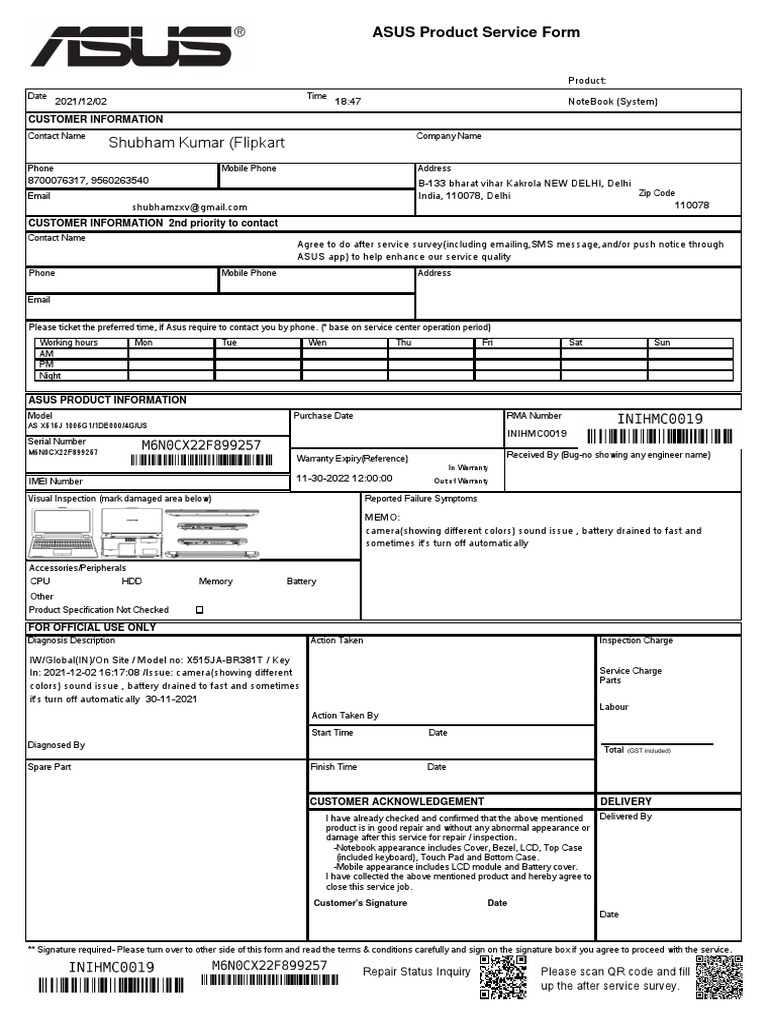 Shubham Kumar (Flipkart: ASUS Product Service Form | PDF | Mobile ...
