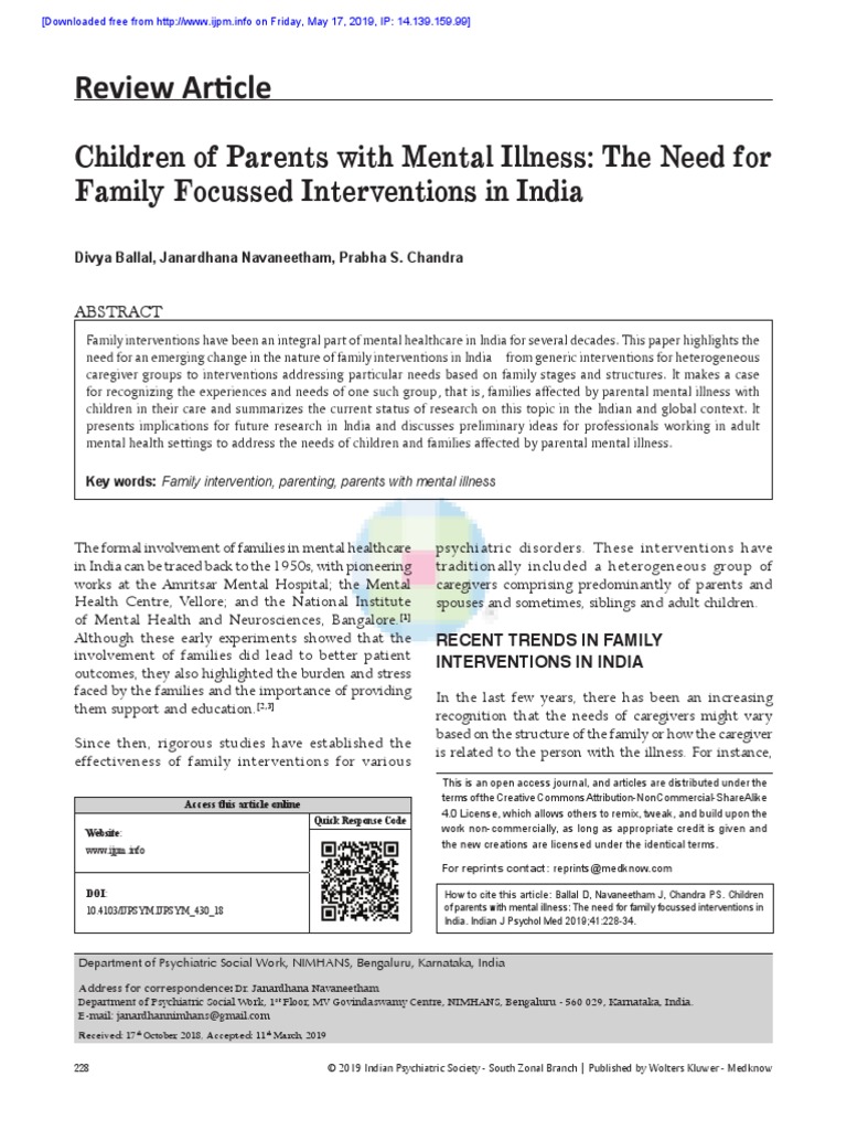 Review Article: Children of Parents With Mental Illness: The Need For ...