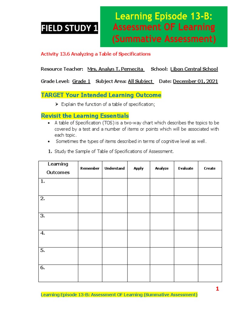 Learning Episode 13 B In Field Study 1 Pdf Educational Assessment