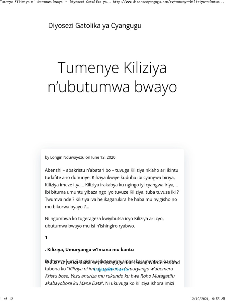 Tumenye Kiliziya N'ubutumwa Bwayo Diyosezi Gatolika Ya Cyangugu2 PDF
