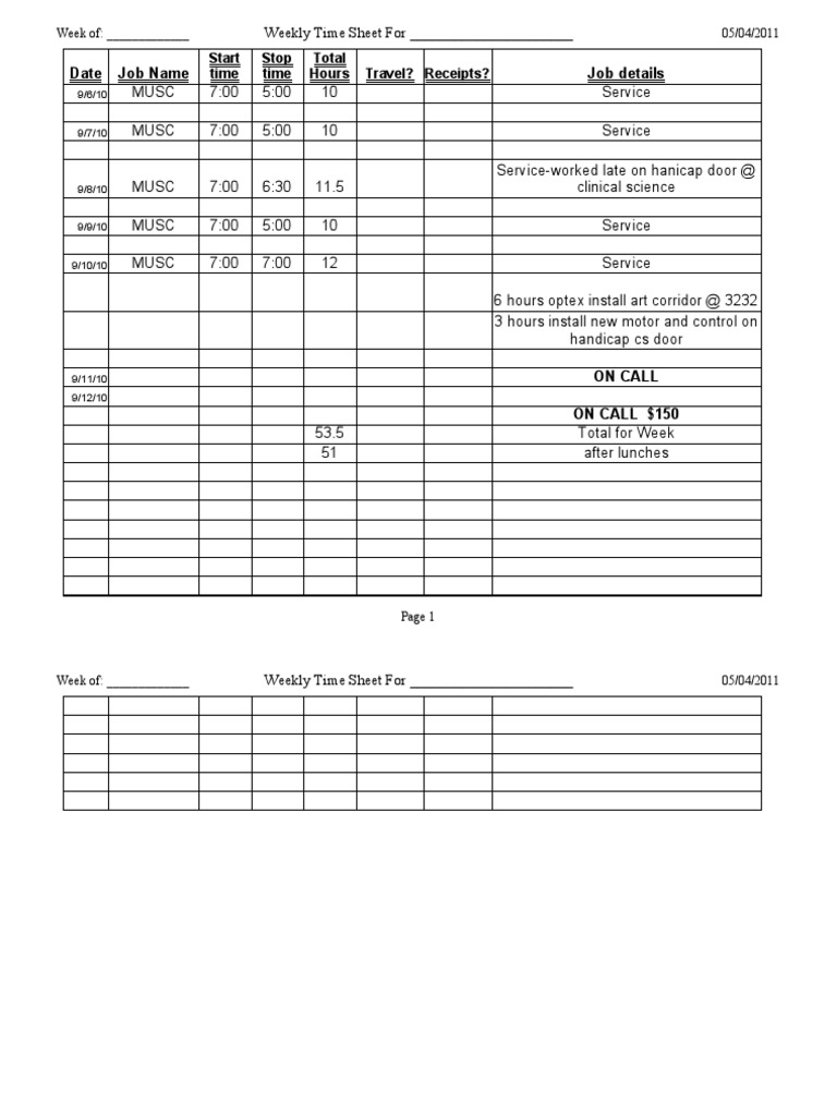 Weekly Time Sheet Template | PDF