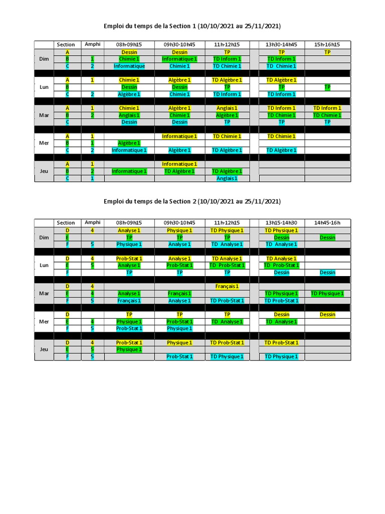 Emploi du Temps Section 1 et 2 | PDF | Sciences physiques | Science de ...
