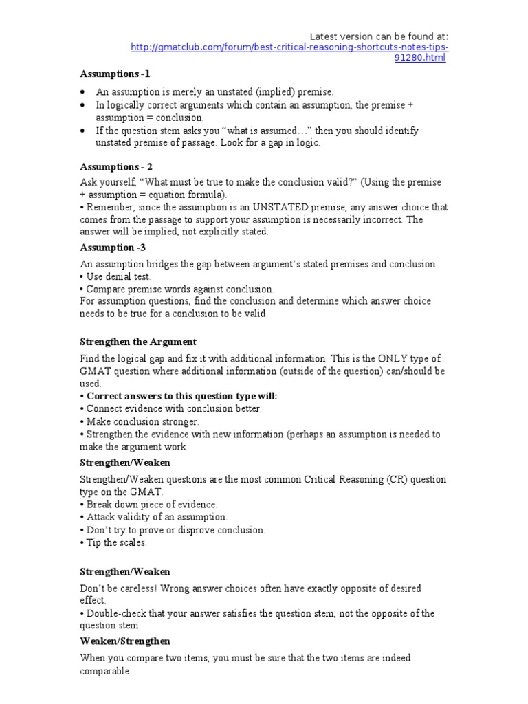 Critical Reasoning Assumption Strategies | PDF | Argument | Question