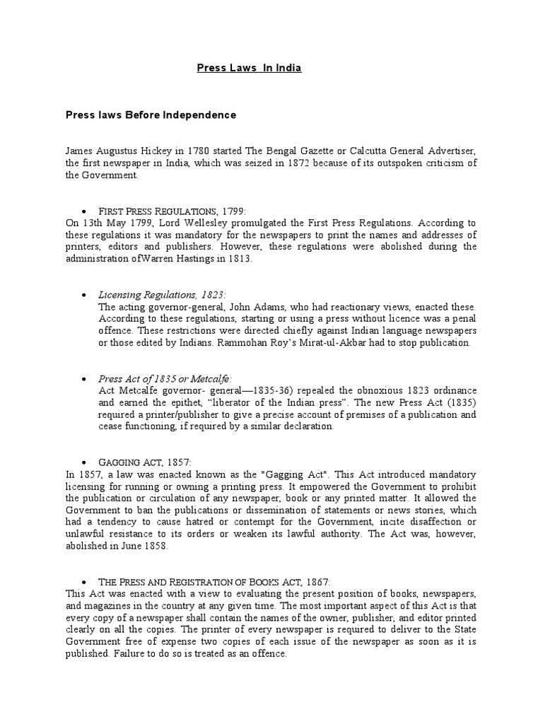Press Laws in India Irst Ress Egulations PDF Freedom Of The Press