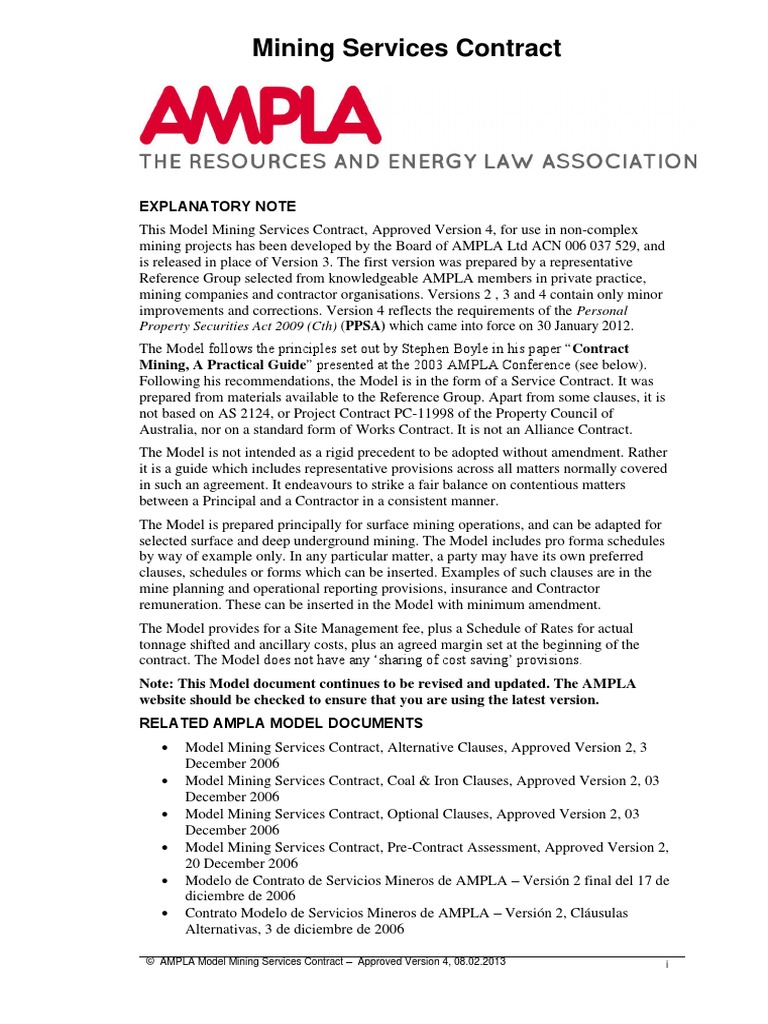 Mining (Misc) - Model Form Mining Services Contract (v4) (AMPLA 2013 ...