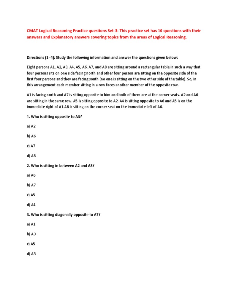 CMAT Logical Reasoning Practice Set 3 | PDF | Inference | Logic