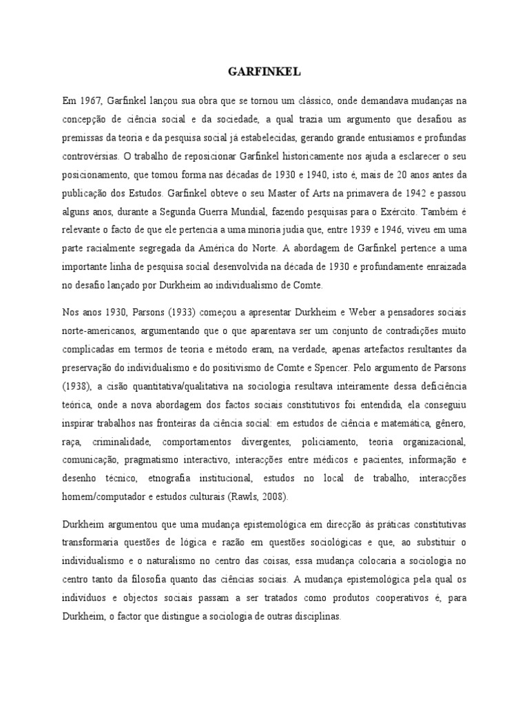 Garfinkel e a Sociologia na Década de 1940 | PDF | Sociologia | Émile ...