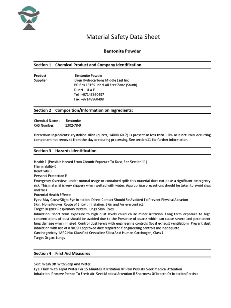 MSDS-Bentonite Powder | PDF | Silicon Dioxide | Firefighting