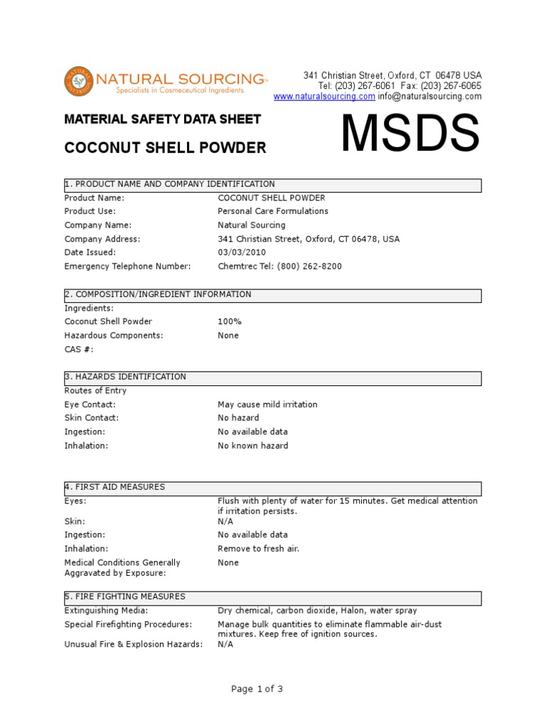 Coconut Shell Powder MSDS Overview | PDF | Water | Firefighting