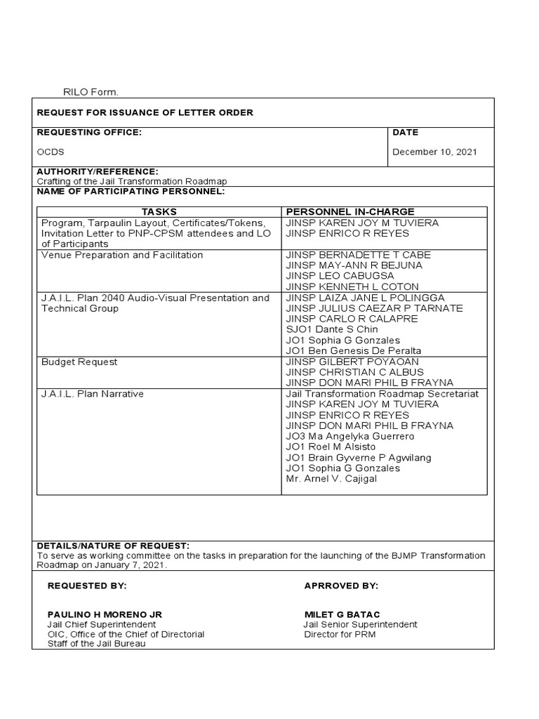 Tasks Personnel InCharge "Changing Lives, Building A Safer Nation" PDF