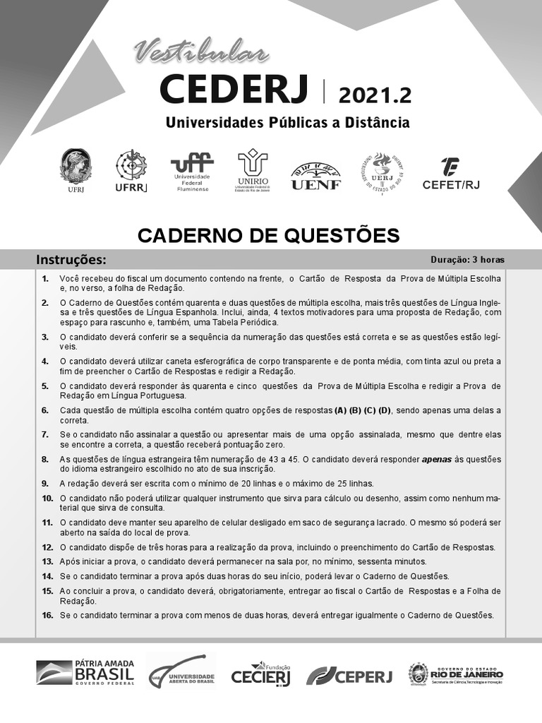 Instruções do Vestibular CEDERJ 2021.2 | PDF | Vírus | Science