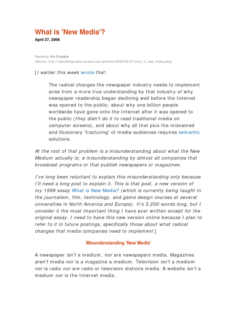 What Is 'New Media'1 PDF Mass Media New Media