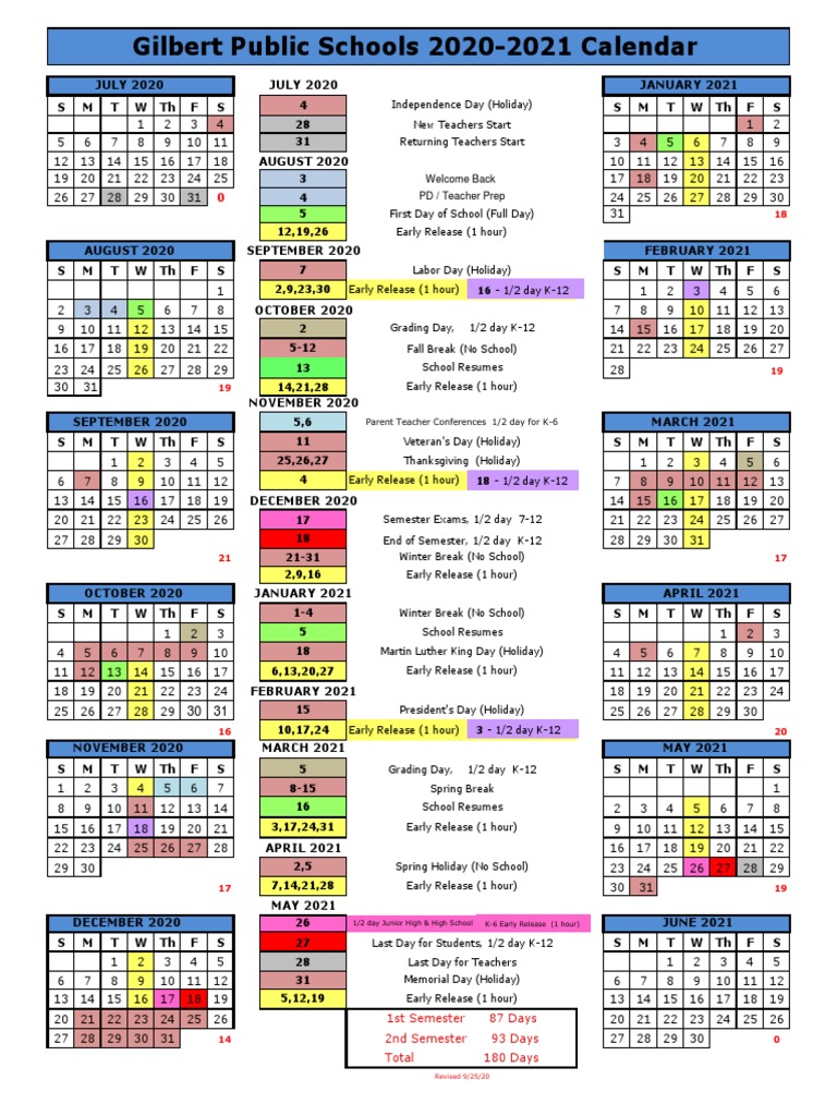 Gilbert Public Schools 2020-2021 Calendar | PDF | Academic ...