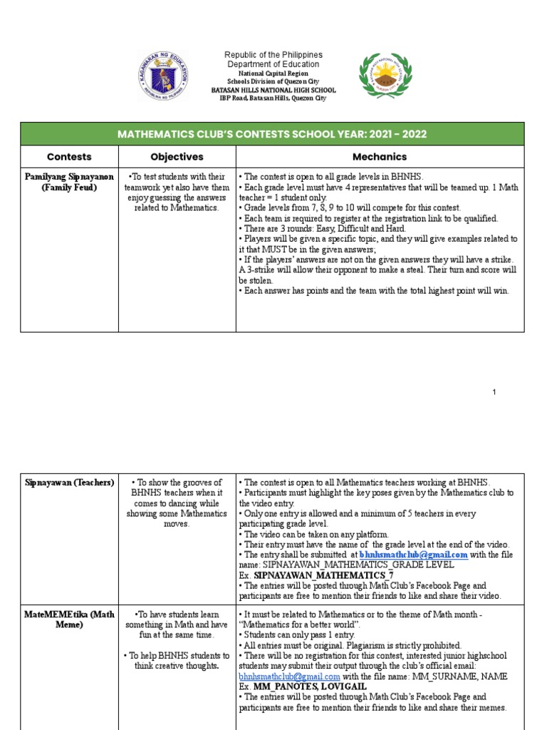 Math Club Contests - Proposal | PDF | Quiz | Mathematics