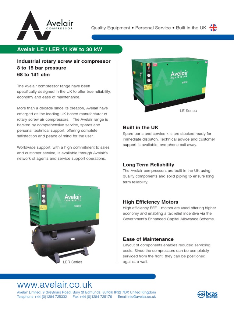 Specification Sheet for Avelair Rotary Screw Air Compressors Models LE