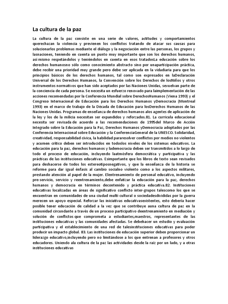 La Cultura de La Paz Consiste en Una Serie de Valores | PDF | Derechos ...
