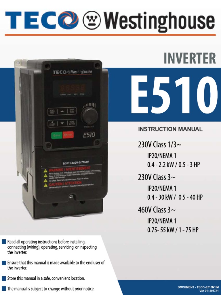 TECO-Westinghouse E510 Compact Instruction Manual PDF Power, 54% OFF