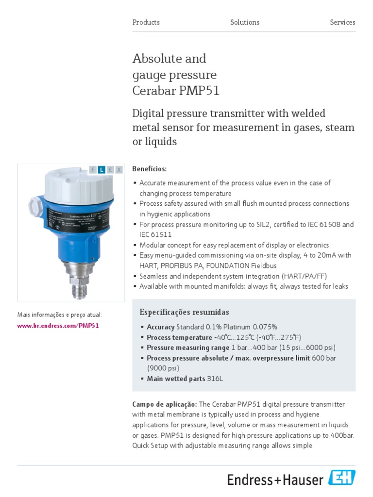 Endress-Hauser Cerabar M PMP51 PT | PDF | Pressure Measurement | Pressure