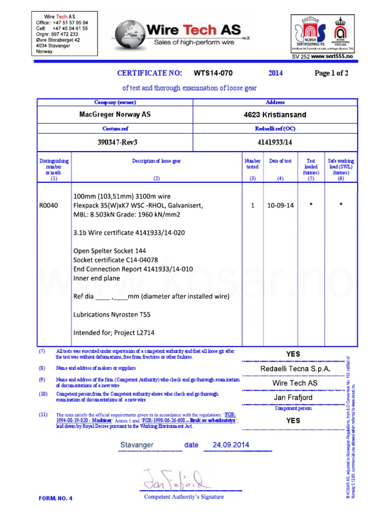 WTS14070 Page 1 of 2 Certificate No 2014 of Test and Thorough