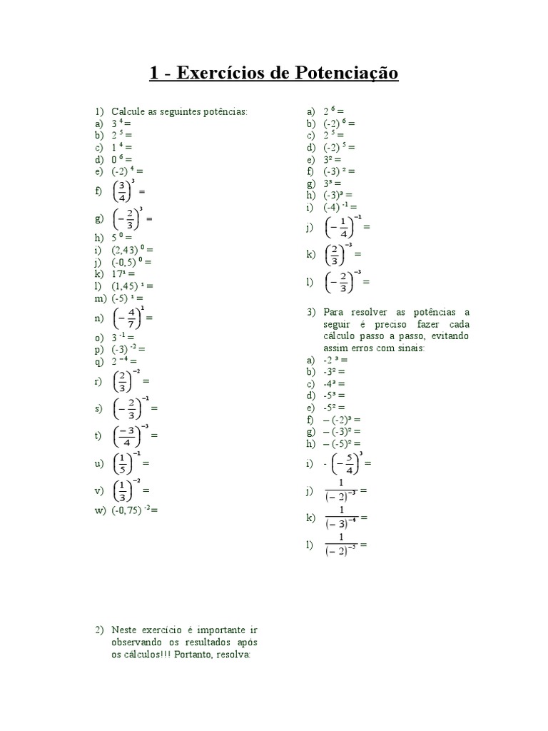 1- Exercícios de Potenciação | Analise matemática | Análise