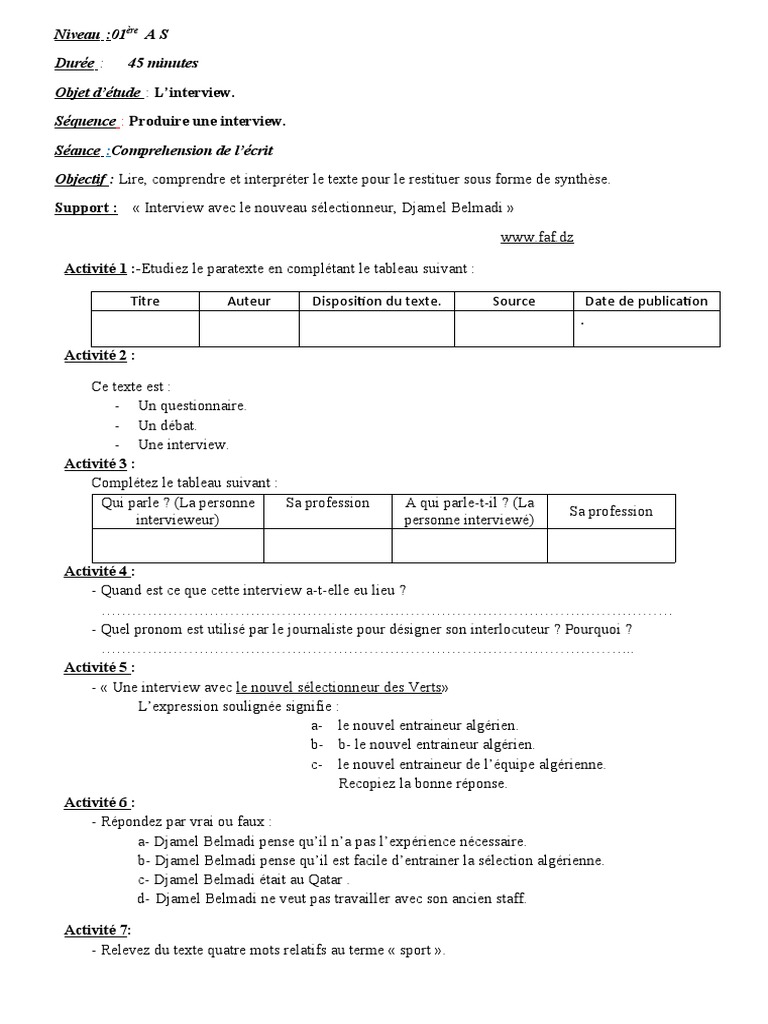 Produire une interview écrite 1AS | PDF | Entretien | Cognition