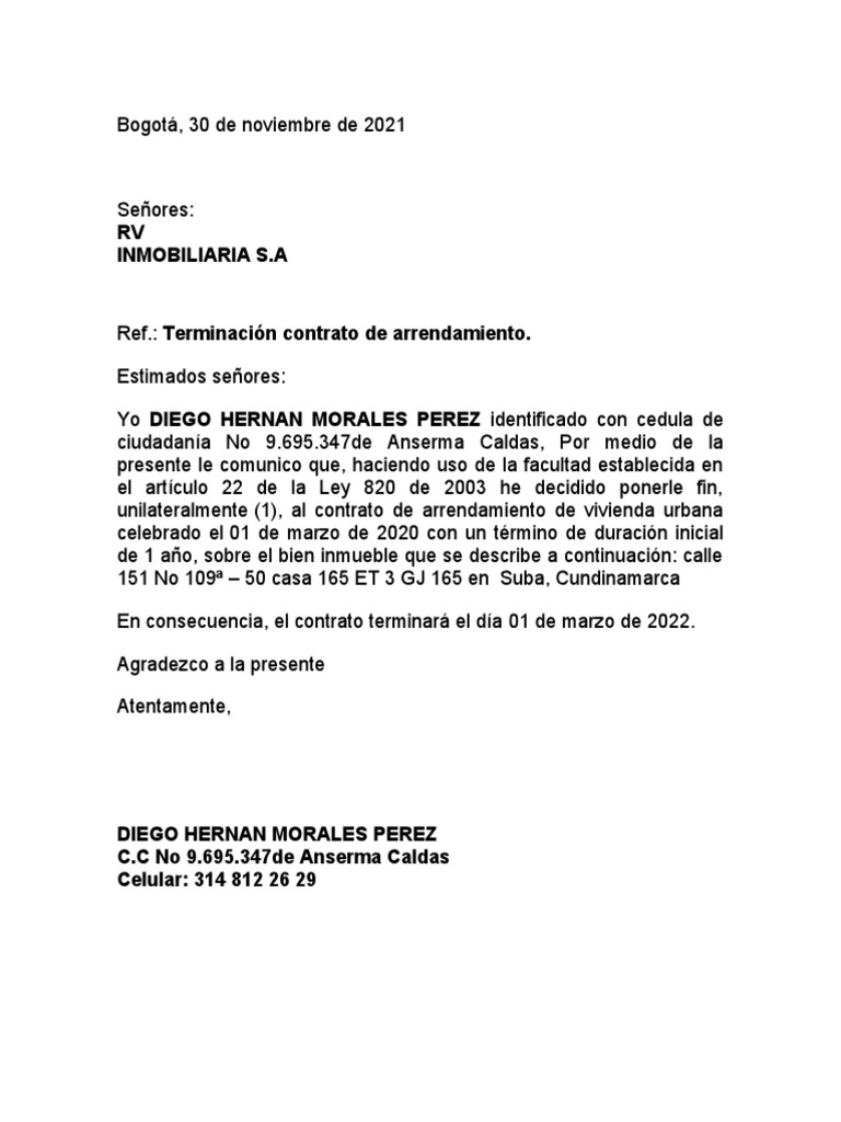 Carta Terminacion De Contrato Pdf