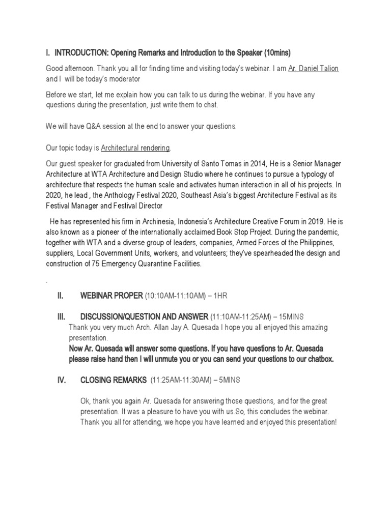 Webinar Moderator Script for Architecture | PDF | Career & Growth | Travel