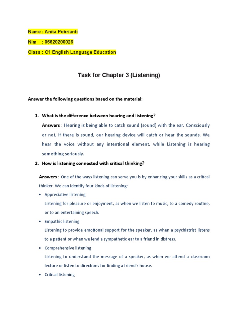 Task For Chapter 3 Listening Name Anita Pebrianti Nim 06620200026
